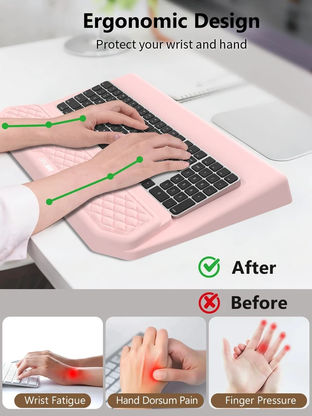 Alt view image 2 of 7 - 2-in-1 Ergonomic Keyboard Stand with Wrist Rest, Pink Comfy Keyboard Riser Holder with Massage Design, Non-Slip Base, Pain Relief for Typing
