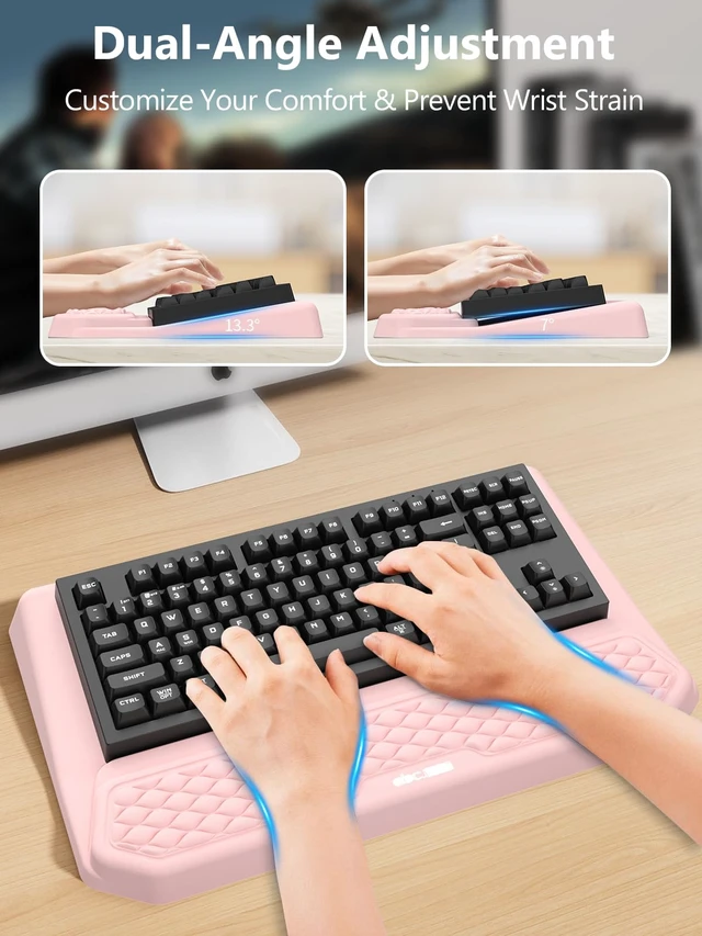 Alt view image 3 of 7 - 2-in-1 Ergonomic Keyboard Stand with Wrist Rest, Pink Comfy Keyboard Riser Holder with Massage Design, Non-Slip Base, Pain Relief for Typing