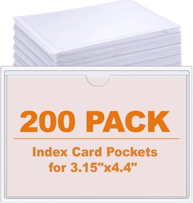 Main image of 200 Pack 4.4 x 3.15 Inch Self Adhesive Label Pockets Bin Labels Bulk Plastic Holders Labels for Storage Bins, Waterproof Clear Index Card Sleeves, Classroom Nameplate Tote Photos Protect