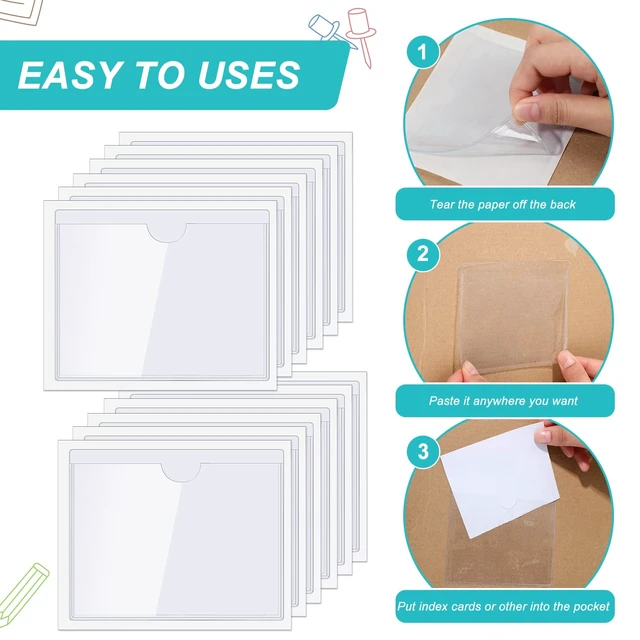 Alt view image 5 of 7 - 200 Pack 4.4 x 3.15 Inch Self Adhesive Label Pockets Bin Labels Bulk Plastic Holders Labels for Storage Bins, Waterproof Clear Index Card Sleeves, Classroom Nameplate Tote Photos Protect