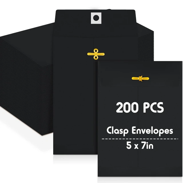 Main image of 200 Pcs 5 x 7 Inch Clasp Manilla Envelopes, Small Colored Kraft Envelopes with Gummed Clasp Closure for Weddings, Invitations, Greeting Cards, Mailing, Storing, Home Office Business (Black)