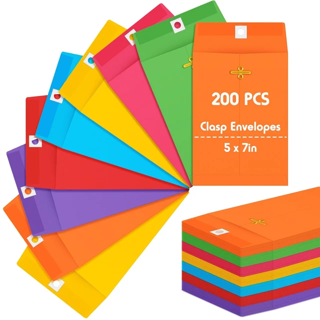Main image of 200 Pcs 5 x 7 Inch Clasp Manilla Envelopes, Small Colored Kraft Envelopes with Gummed Clasp Closure for Weddings, Invitations, Greeting Cards, Mailing, Storing, Home Office Business (Multicolor)