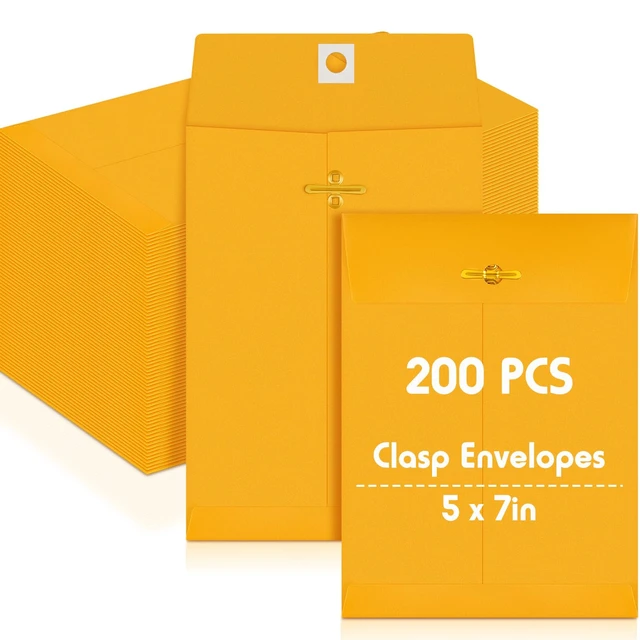 Main image of 200 Pcs 5 x 7 Inch Clasp Manilla Envelopes, Small Colored Kraft Envelopes with Gummed Clasp Closure for Weddings, Invitations, Greeting Cards, Mailing, Storing, Home Office Business (Yellow)