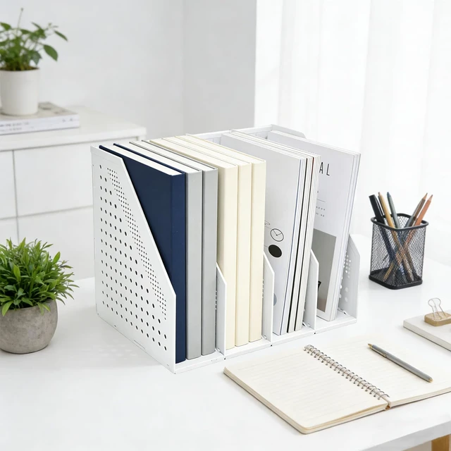Alt view image 7 of 7 - Collapsible Magazine Holder Plastic Desktop 4 Compartment File Desk Magazine Organizer Vertical File Divider Sorter Storage Document Organizer for Office Home School Gray