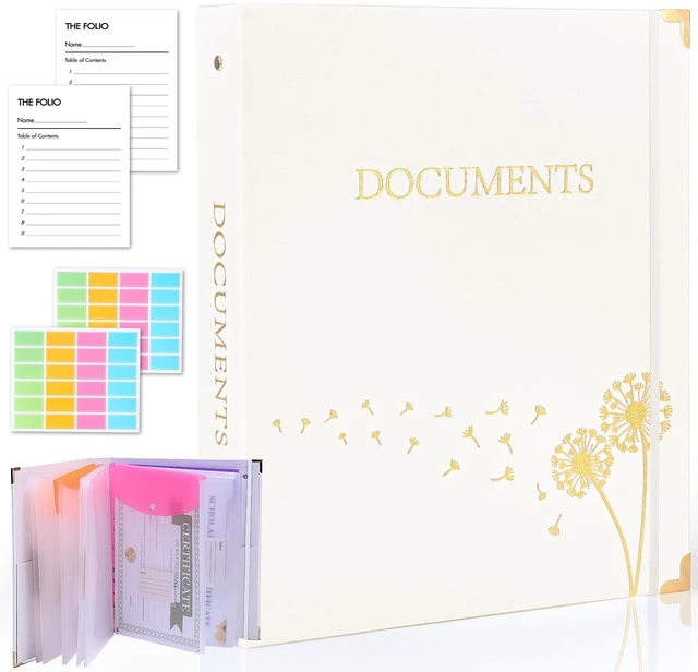 Main image of Important Document Organizer 3 Ring Linen Binders Folio File Folders Beige Expanding Storage Holder with Gold-foiled Hardcover, 9 Pockets & Labels for A4, Letter Size Papers, Home & Office