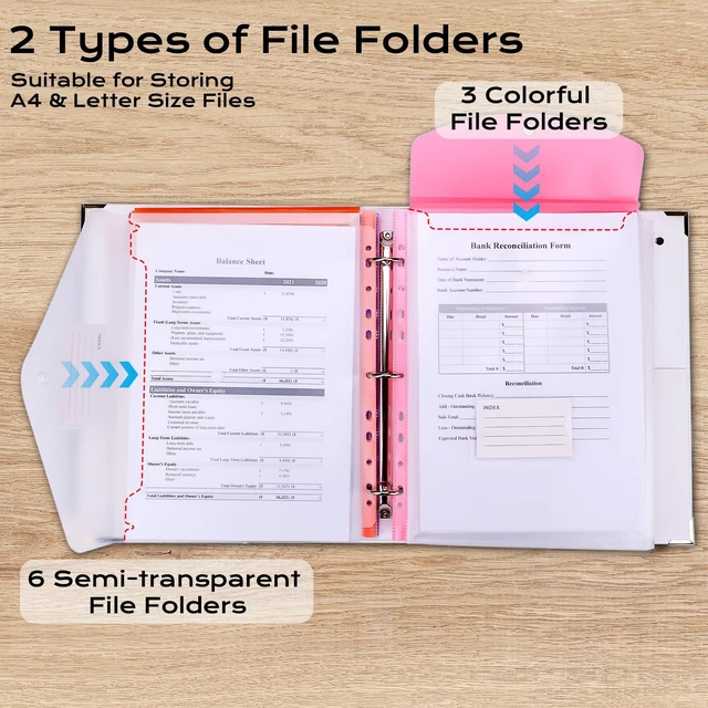 Alt view image 3 of 7 - Important Document Organizer 3 Ring Linen Binders Folio File Folders Beige Expanding Storage Holder with Gold-foiled Hardcover, 9 Pockets & Labels for A4, Letter Size Papers, Home & Office