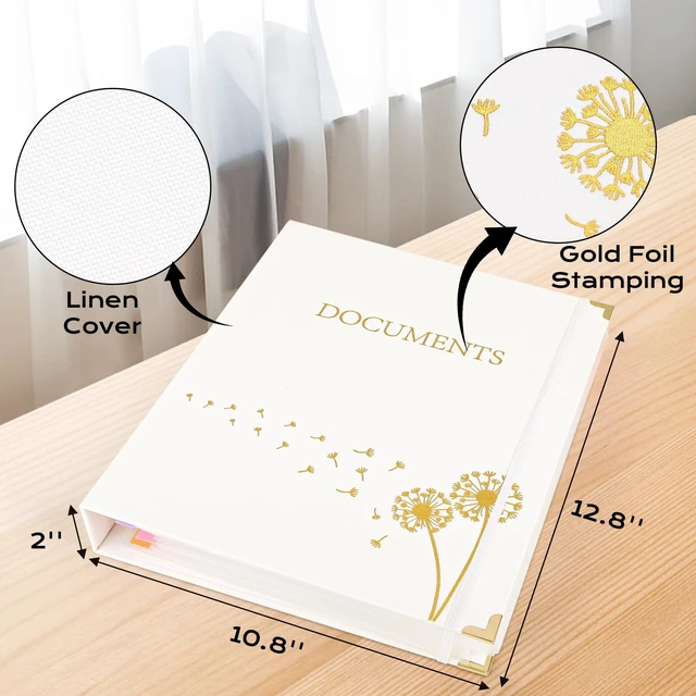 Alt view image 4 of 7 - Important Document Organizer 3 Ring Linen Binders Folio File Folders Beige Expanding Storage Holder with Gold-foiled Hardcover, 9 Pockets & Labels for A4, Letter Size Papers, Home & Office