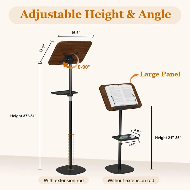 Alt view image 5 of 7 - Lectern Podium Stand with Storage Tray, Height Adjustable Lectern Stand Mobile Podium, Portable Floor Standing Podium Lectern for Church, Weddings, Classroom, Speech