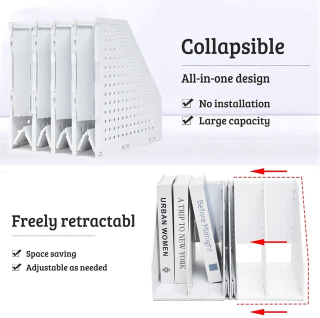 Alt view image 3 of 7 - Collapsible Magazine Holder Plastic Desktop 4 Compartment File Desk Magazine Organizer Vertical File Divider Sorter Storage Document Organizer for Office Home School Gray