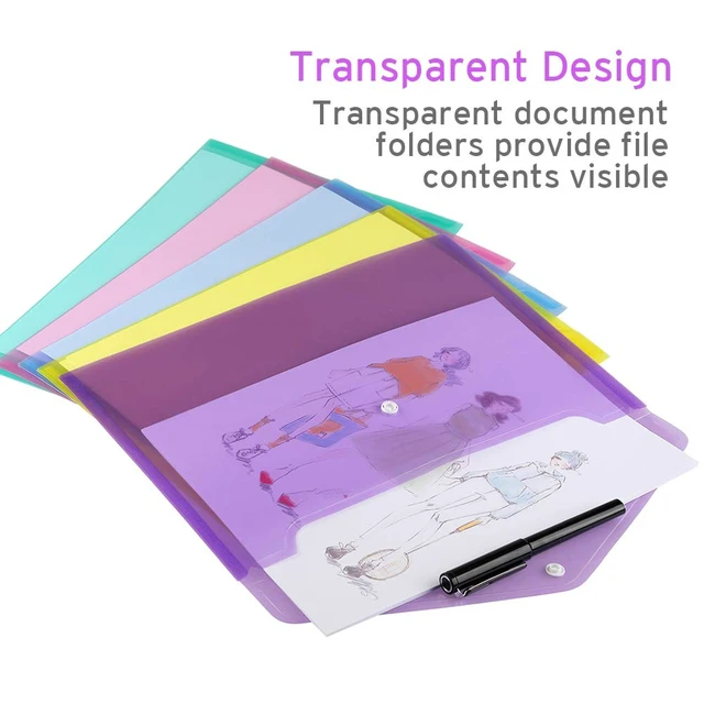 Alt view image 5 of 7 - 20 Pack Folders Plastic Envelopes, Clear Plastic File Folder for Document, Letter A4 Size Poly File Envelopes with Label Pocket, Snap Button for Home Work Office Organizer, 5 Colors