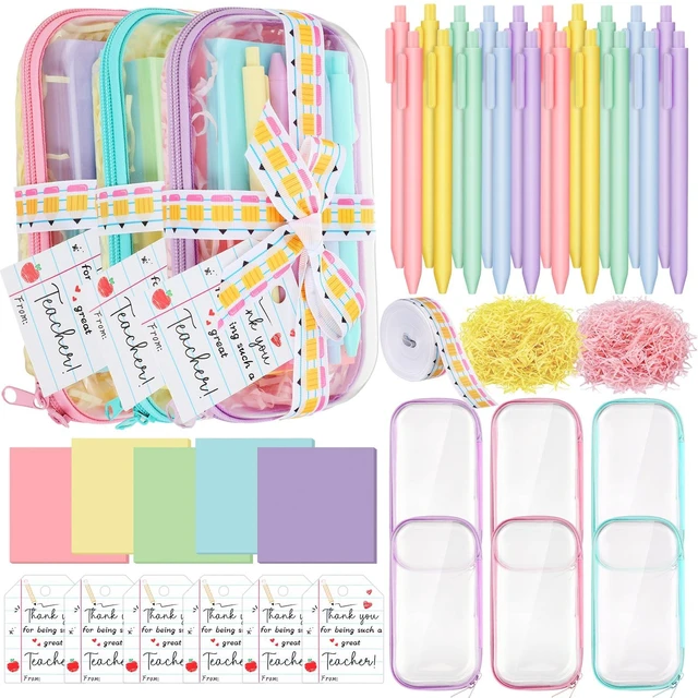 Main image of 6 Sets/75 Pcs Christmas Teacher Gifts Idea Kit, Pastel Hard Case Zipper Pouch, Ballpoint Pens, Sticky Notes, Raffia, Pencil Ribbons, Thank You Cards, Teacher Gifts for Christmas
