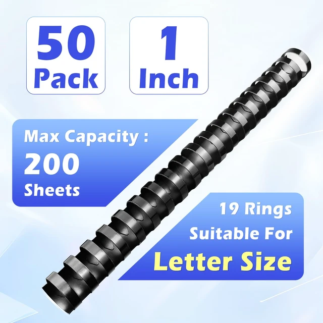 Alt view image 2 of 7 - 50 Pack19 Ring Plastic Binding Combs, 1 Inch Diameter,200 Sheet Capacity, Letter Size, Black Comb Binding Spines