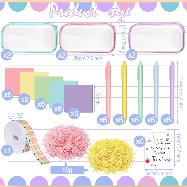Alt view image 2 of 7 - 6 Sets/75 Pcs Christmas Teacher Gifts Idea Kit, Pastel Hard Case Zipper Pouch, Ballpoint Pens, Sticky Notes, Raffia, Pencil Ribbons, Thank You Cards, Teacher Gifts for Christmas