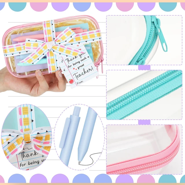 Alt view image 3 of 7 - 6 Sets/75 Pcs Christmas Teacher Gifts Idea Kit, Pastel Hard Case Zipper Pouch, Ballpoint Pens, Sticky Notes, Raffia, Pencil Ribbons, Thank You Cards, Teacher Gifts for Christmas