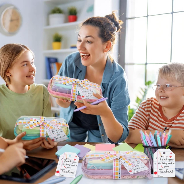 Alt view image 4 of 7 - 6 Sets/75 Pcs Christmas Teacher Gifts Idea Kit, Pastel Hard Case Zipper Pouch, Ballpoint Pens, Sticky Notes, Raffia, Pencil Ribbons, Thank You Cards, Teacher Gifts for Christmas