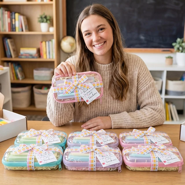 Alt view image 5 of 7 - 6 Sets/75 Pcs Christmas Teacher Gifts Idea Kit, Pastel Hard Case Zipper Pouch, Ballpoint Pens, Sticky Notes, Raffia, Pencil Ribbons, Thank You Cards, Teacher Gifts for Christmas