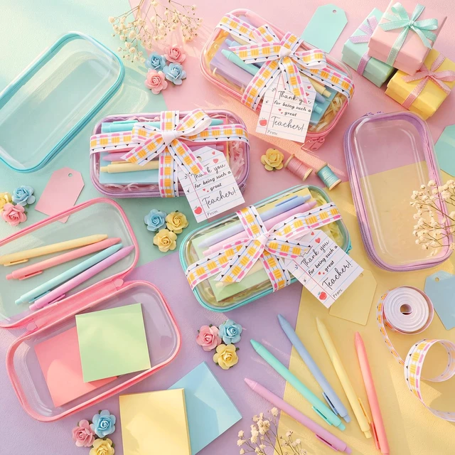 Alt view image 7 of 7 - 6 Sets/75 Pcs Christmas Teacher Gifts Idea Kit, Pastel Hard Case Zipper Pouch, Ballpoint Pens, Sticky Notes, Raffia, Pencil Ribbons, Thank You Cards, Teacher Gifts for Christmas