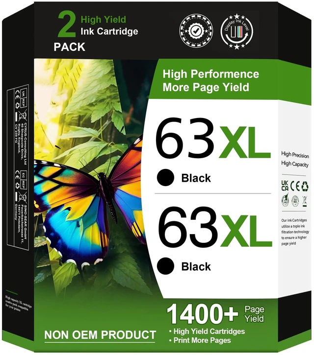 Main image of 63XL Black Ink Cartridge High-Yield for HP Ink 63 Replacement for HP 63 Black Ink Cartridge Works for HP OfficeJet 3830 4650 5255 5258 5200 Envy 4520 4512 4510 DeskJet 1112 2130 3630 F6U64AN (2 Pack)