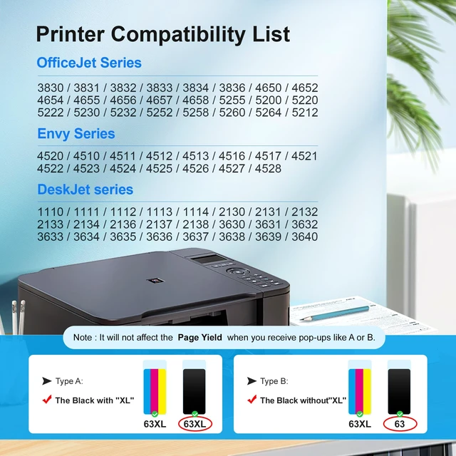 Alt view image 2 of 7 - 63XL Black Ink Cartridge High-Yield for HP Ink 63 Replacement for HP 63 Black Ink Cartridge Works for HP OfficeJet 3830 4650 5255 5258 5200 Envy 4520 4512 4510 DeskJet 1112 2130 3630 F6U64AN (2 Pack)