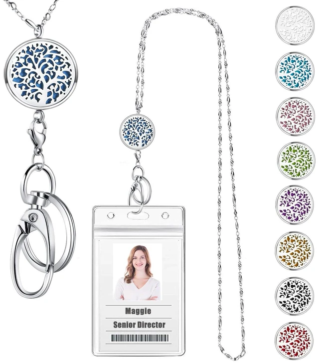Main image of Lanyards for ID Badges and Keys, ID Badge Holder with Lanyard Stainless Steel Keychain Diffuser Necklace Lanyard, Badge Lanyards for Women Teacher Nurse Work Jewelry Family Tree