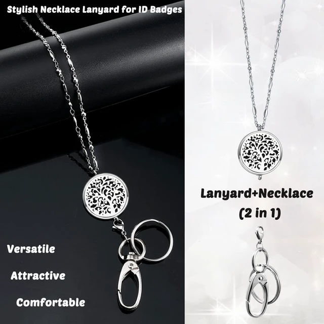 Alt view image 2 of 6 - Lanyards for ID Badges and Keys, ID Badge Holder with Lanyard Stainless Steel Keychain Diffuser Necklace Lanyard, Badge Lanyards for Women Teacher Nurse Work Jewelry Family Tree