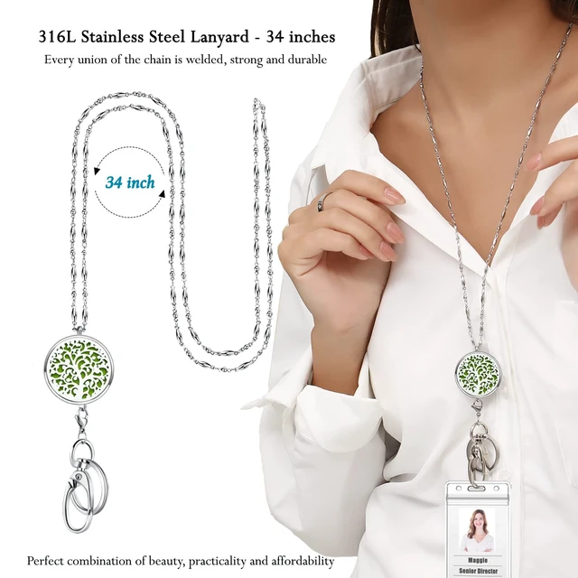 Alt view image 3 of 6 - Lanyards for ID Badges and Keys, ID Badge Holder with Lanyard Stainless Steel Keychain Diffuser Necklace Lanyard, Badge Lanyards for Women Teacher Nurse Work Jewelry Family Tree