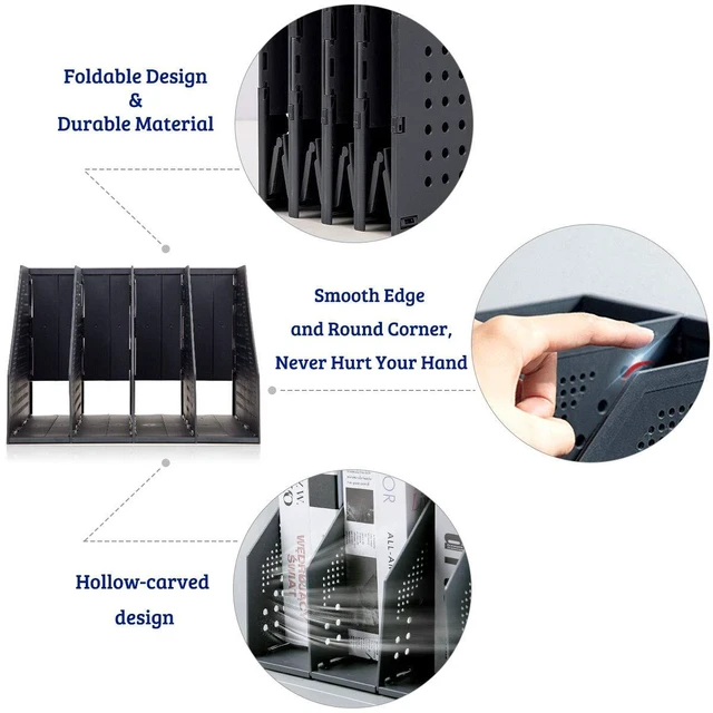 Alt view image 4 of 7 - Collapsible Magazine Holder Plastic Desktop 4 Compartment File Rack Magazine Organizer Vertical File Divider Sorter Storage Document Organizer for Office Home School Black