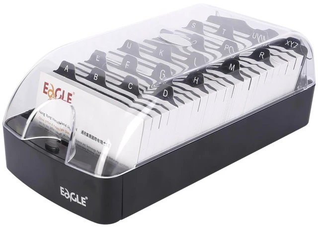 Main image of Business Card Holder Box, Up to 550 Cards with A-Z Index Guides Push-button opening, clear cover, front access panel, 20 A-Z guides, fits standard 2 x 3.5 in business cards, black base