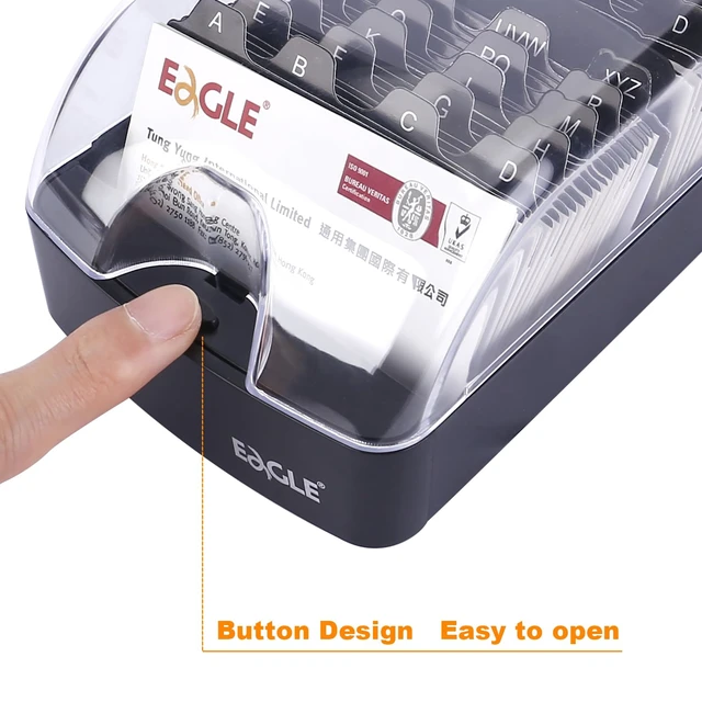 Alt view image 2 of 7 - Business Card Holder Box, Up to 550 Cards with A-Z Index Guides Push-button opening, clear cover, front access panel, 20 A-Z guides, fits standard 2 x 3.5 in business cards, black base