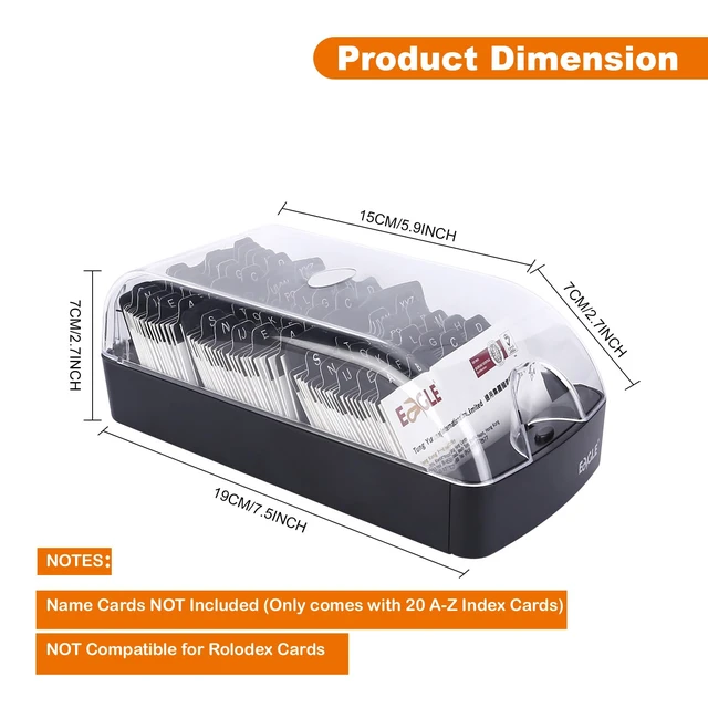 Alt view image 4 of 7 - Business Card Holder Box, Up to 550 Cards with A-Z Index Guides Push-button opening, clear cover, front access panel, 20 A-Z guides, fits standard 2 x 3.5 in business cards, black base