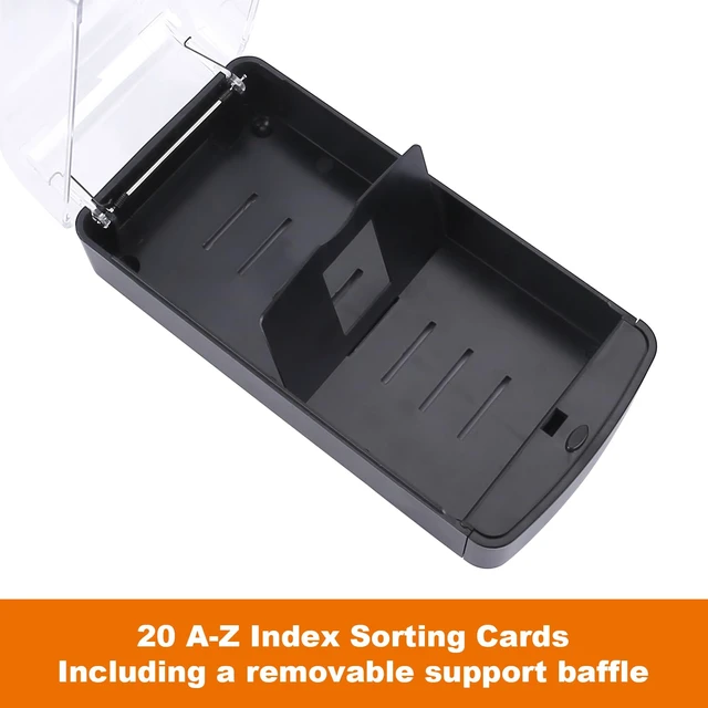 Alt view image 6 of 7 - Business Card Holder Box, Up to 550 Cards with A-Z Index Guides Push-button opening, clear cover, front access panel, 20 A-Z guides, fits standard 2 x 3.5 in business cards, black base