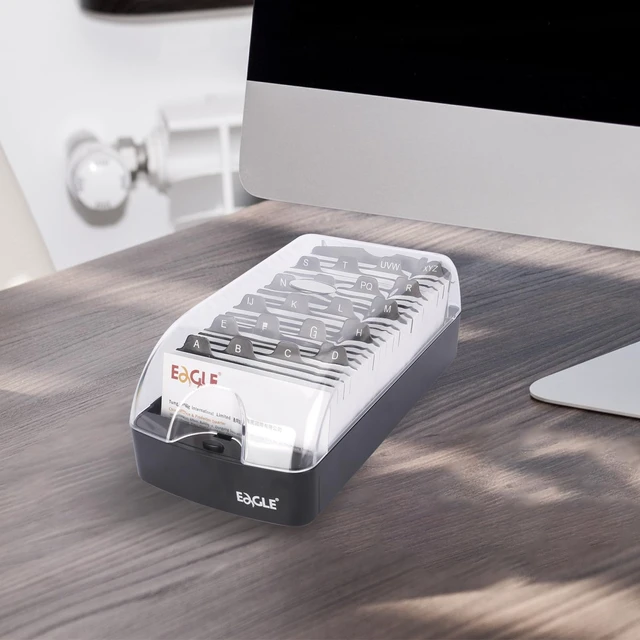 Alt view image 7 of 7 - Business Card Holder Box, Up to 550 Cards with A-Z Index Guides Push-button opening, clear cover, front access panel, 20 A-Z guides, fits standard 2 x 3.5 in business cards, black base