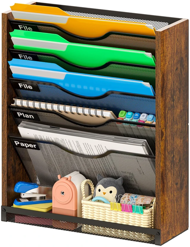 Main image of 6-Tier Wall File Organizer with Bottom Tray, Ironwood Mail Organizer Wall Mounted with Metal Mesh, Document Organizer for Paper, Folder, Magazine, Office Desk Accessories for Home Cubicle Countertop
