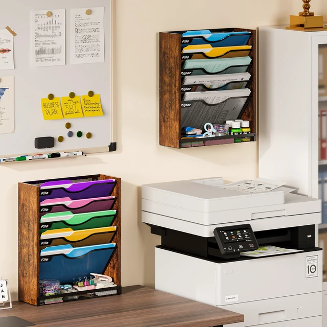 Alt view image 2 of 7 - 6-Tier Wall File Organizer with Bottom Tray, Ironwood Mail Organizer Wall Mounted with Metal Mesh, Document Organizer for Paper, Folder, Magazine, Office Desk Accessories for Home Cubicle Countertop