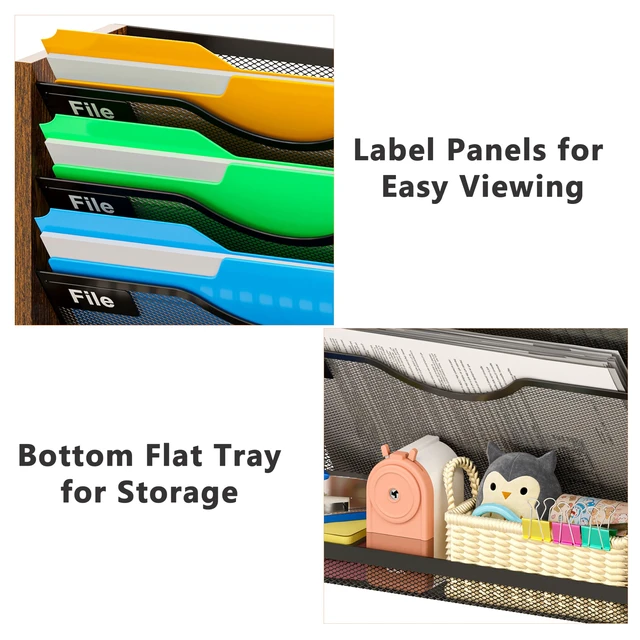 Alt view image 3 of 7 - 6-Tier Wall File Organizer with Bottom Tray, Ironwood Mail Organizer Wall Mounted with Metal Mesh, Document Organizer for Paper, Folder, Magazine, Office Desk Accessories for Home Cubicle Countertop
