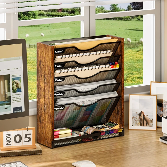 Alt view image 5 of 7 - 6-Tier Wall File Organizer with Bottom Tray, Ironwood Mail Organizer Wall Mounted with Metal Mesh, Document Organizer for Paper, Folder, Magazine, Office Desk Accessories for Home Cubicle Countertop