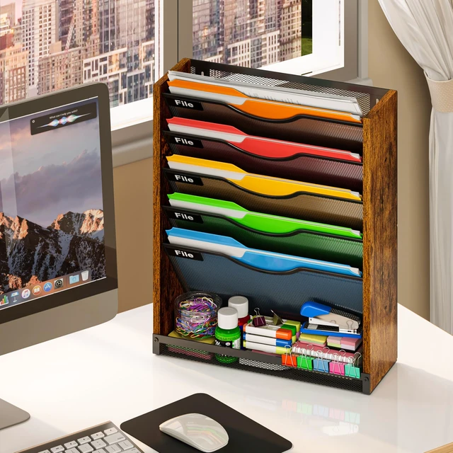 Alt view image 6 of 7 - 6-Tier Wall File Organizer with Bottom Tray, Ironwood Mail Organizer Wall Mounted with Metal Mesh, Document Organizer for Paper, Folder, Magazine, Office Desk Accessories for Home Cubicle Countertop