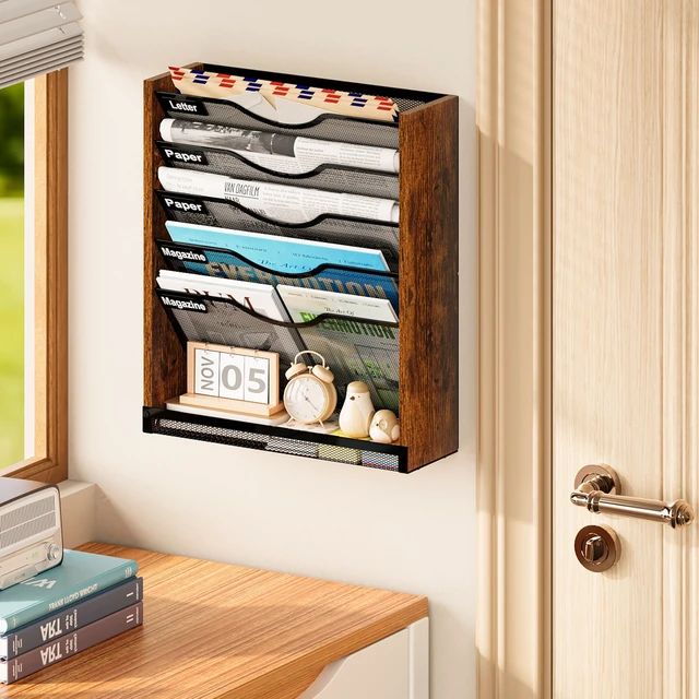 Alt view image 7 of 7 - 6-Tier Wall File Organizer with Bottom Tray, Ironwood Mail Organizer Wall Mounted with Metal Mesh, Document Organizer for Paper, Folder, Magazine, Office Desk Accessories for Home Cubicle Countertop
