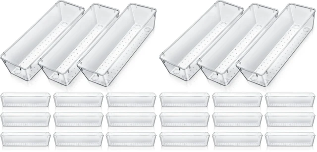 Main image of 12 Pcs Plastic Drawer Organizers, Silverware Tray, 9 x 3 x 2, Clear Kitchen Drawer Divider Organizer, Rectangle Trays, Vanity Storage Bins for Office Desk, Makeup, Bathroom, Kitchen Utensils