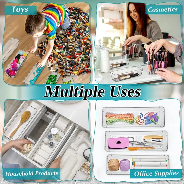 Alt view image 5 of 6 - 12 Pcs Plastic Drawer Organizers, Silverware Tray, 9 x 3 x 2, Clear Kitchen Drawer Divider Organizer, Rectangle Trays, Vanity Storage Bins for Office Desk, Makeup, Bathroom, Kitchen Utensils