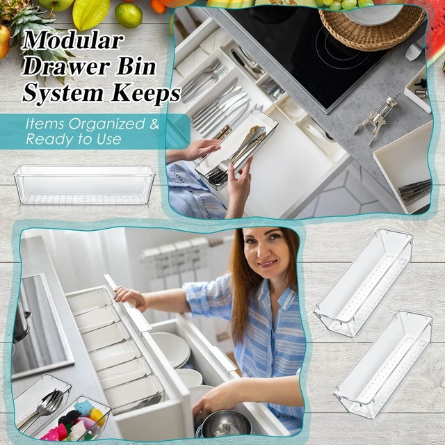 Alt view image 4 of 6 - 12 Pcs Plastic Drawer Organizers, Silverware Tray, 9 x 3 x 2, Clear Kitchen Drawer Divider Organizer, Rectangle Trays, Vanity Storage Bins for Office Desk, Makeup, Bathroom, Kitchen Utensils