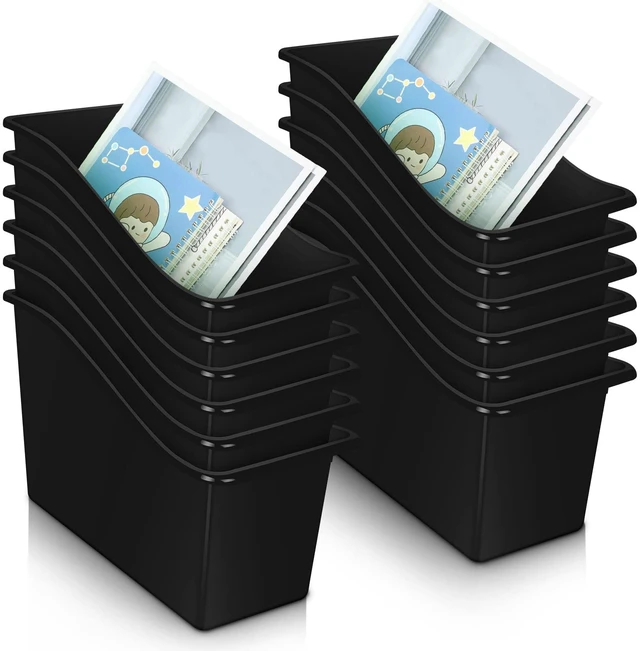 Main image of 12 Pcs Classroom Book Bins Plastic Organizer Box, Black Binder Magazine Holder File Container Storage Folder Cube for Home Office School Library Organization Supplies