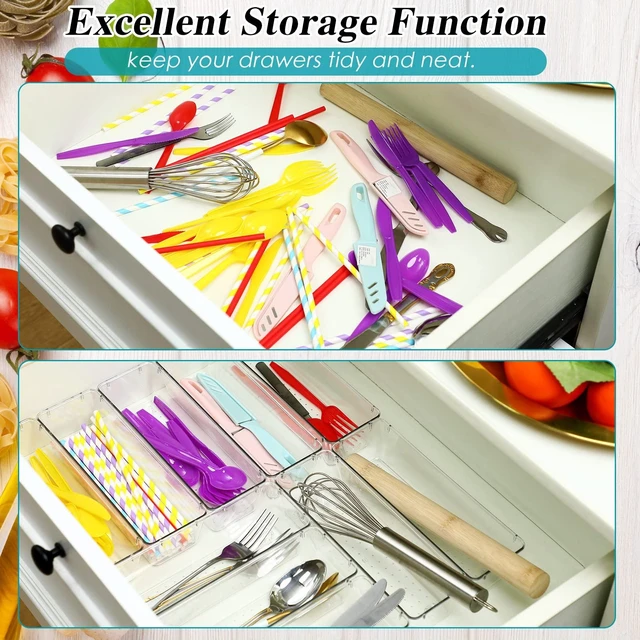 Alt view image 6 of 6 - 12 Pcs Plastic Drawer Organizers, Silverware Tray, 9 x 3 x 2, Clear Kitchen Drawer Divider Organizer, Rectangle Trays, Vanity Storage Bins for Office Desk, Makeup, Bathroom, Kitchen Utensils