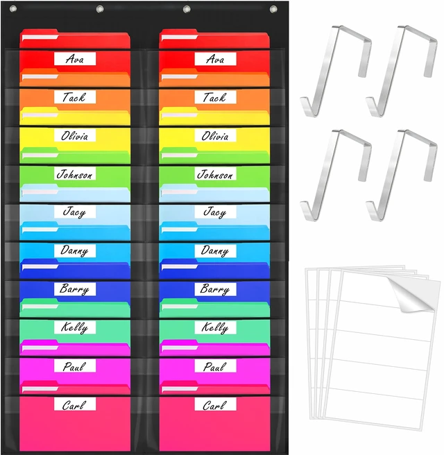 Main image of Storage Pocket Chart, Heavy Duty Wall File Organization Folder with 20 Clear File Pockets, 20 Blank Dry-Erase Name Stickers Plus 4 Over Door Hooks for Files, Classroom & Office (Black, 28.5 X 47)
