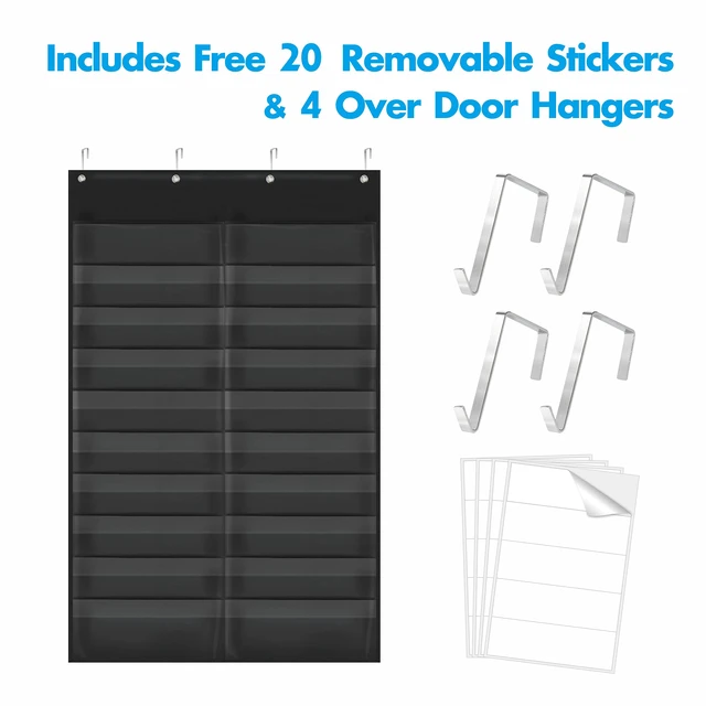 Alt view image 2 of 7 - Storage Pocket Chart, Heavy Duty Wall File Organization Folder with 20 Clear File Pockets, 20 Blank Dry-Erase Name Stickers Plus 4 Over Door Hooks for Files, Classroom & Office (Black, 28.5 X 47)