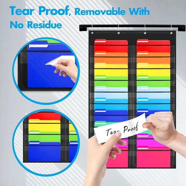 Alt view image 5 of 7 - Storage Pocket Chart, Heavy Duty Wall File Organization Folder with 20 Clear File Pockets, 20 Blank Dry-Erase Name Stickers Plus 4 Over Door Hooks for Files, Classroom & Office (Black, 28.5 X 47)
