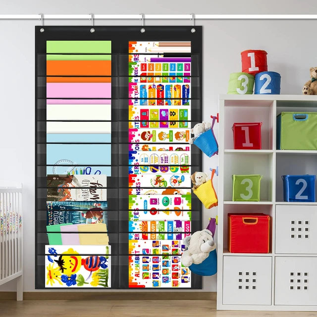 Alt view image 6 of 7 - Storage Pocket Chart, Heavy Duty Wall File Organization Folder with 20 Clear File Pockets, 20 Blank Dry-Erase Name Stickers Plus 4 Over Door Hooks for Files, Classroom & Office (Black, 28.5 X 47)