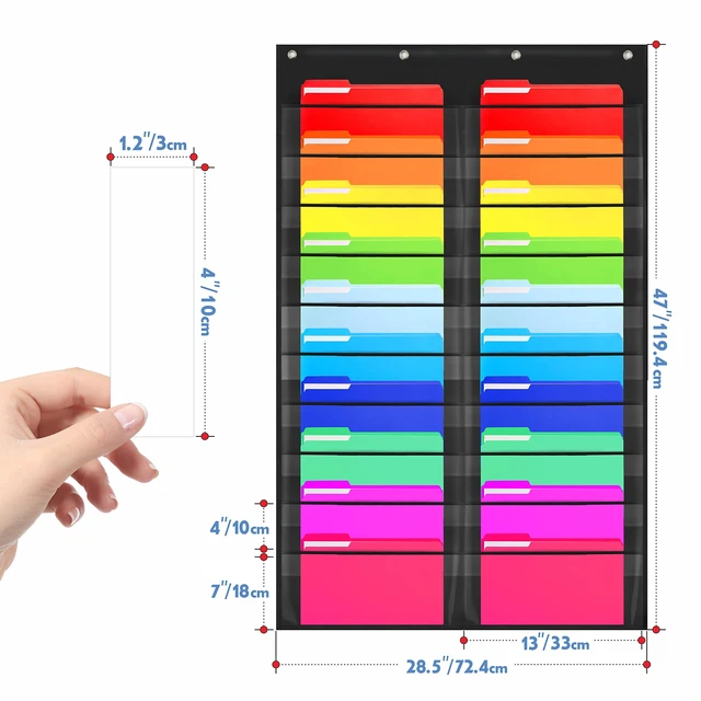 Alt view image 4 of 7 - Storage Pocket Chart, Heavy Duty Wall File Organization Folder with 20 Clear File Pockets, 20 Blank Dry-Erase Name Stickers Plus 4 Over Door Hooks for Files, Classroom & Office (Black, 28.5 X 47)