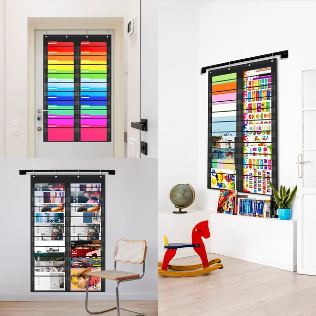 Alt view image 7 of 7 - Storage Pocket Chart, Heavy Duty Wall File Organization Folder with 20 Clear File Pockets, 20 Blank Dry-Erase Name Stickers Plus 4 Over Door Hooks for Files, Classroom & Office (Black, 28.5 X 47)