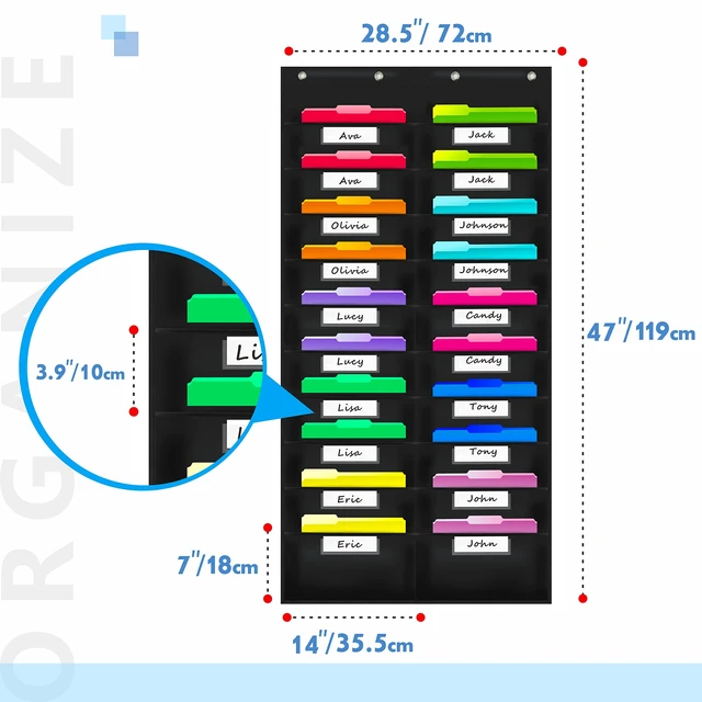 Alt view image 2 of 6 - Nylon Storage Pocket Chart with 20 Name Tag Pockets, Hanging Wall File Organizer, 4 Hooks and 20 Blank Cards, Organize Your Assignments, Files, Scrapbooks, Paper (28.5x 47)